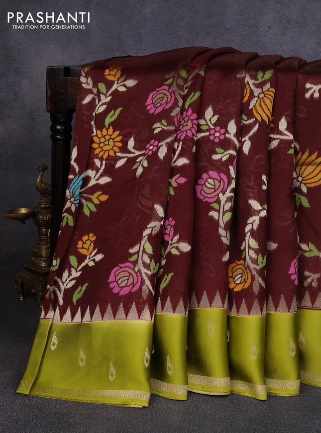 Kosa jamdhani silk saree coffee brown and light green with allover thread & zari weaves and temple design zari woven border
