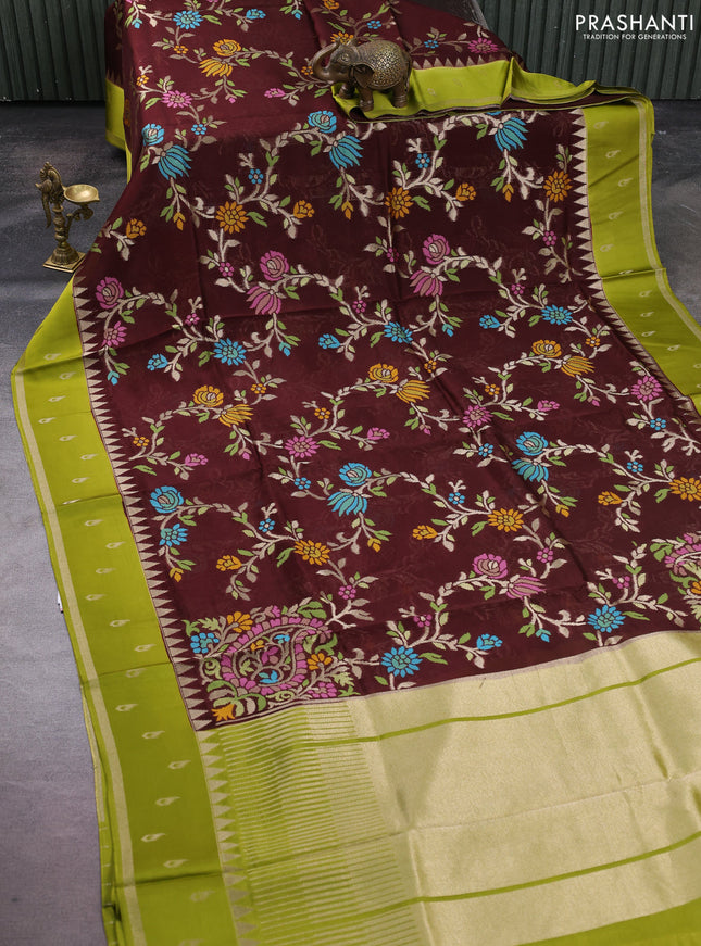 Kosa jamdhani silk saree coffee brown and light green with allover thread & zari weaves and temple design zari woven border