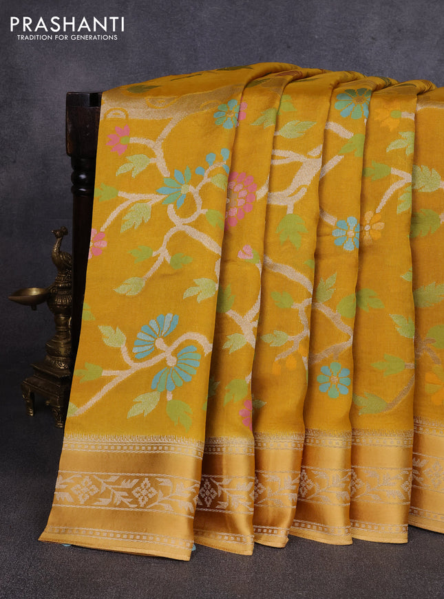Kosa jamdhani silk saree mustard yellow and sandal with allover thread & zari weaves and zari woven border