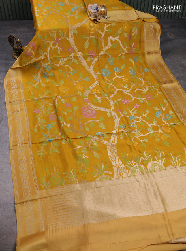 Kosa jamdhani silk saree mustard yellow and sandal with allover thread & zari weaves and zari woven border