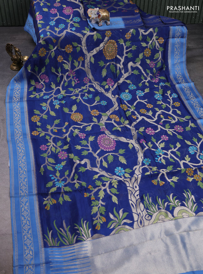 Kosa jamdhani silk saree peacock blue and pastel blue with allover thread & zari weaves and zari woven border