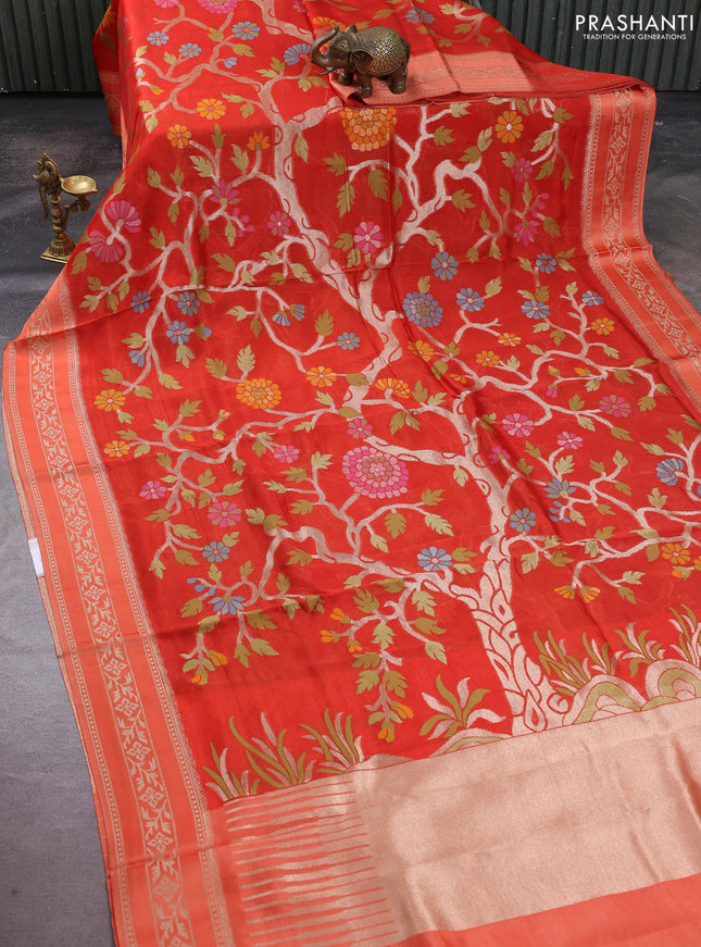 Kosa jamdhani silk saree orange with allover thread & zari weaves and zari woven border
