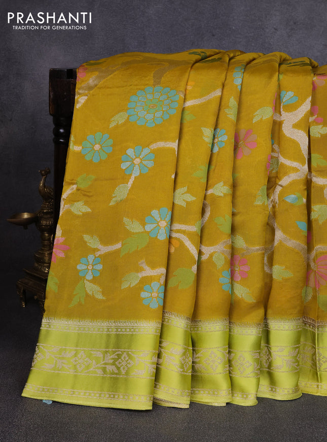 Kosa jamdhani silk saree mustard green and lime green with allover thread & zari weaves and zari woven border