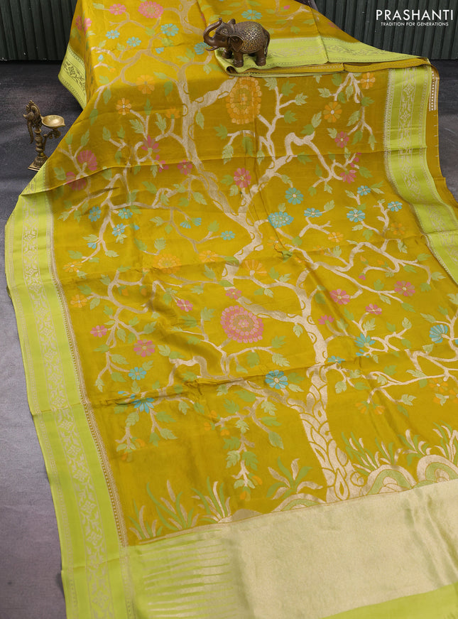 Kosa jamdhani silk saree mustard green and lime green with allover thread & zari weaves and zari woven border