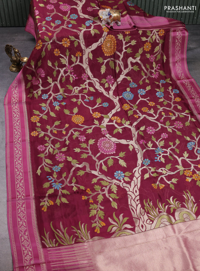 Kosa jamdhani silk saree deep maroon and mauve pink with allover thread & zari weaves and zari woven border