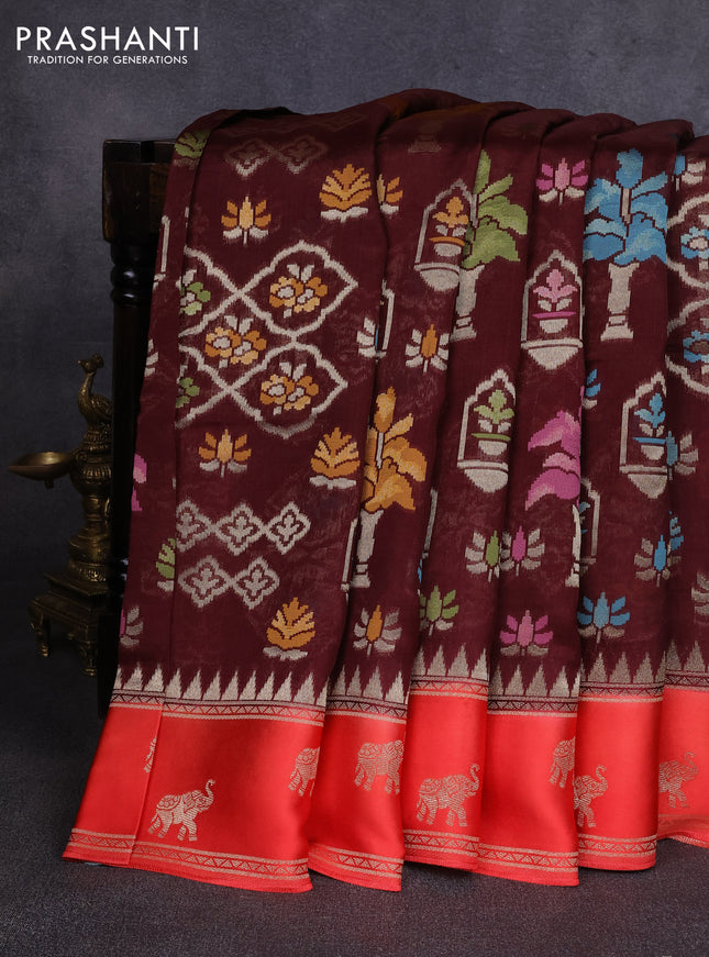 Kosa jamdhani silk saree coffee brown and red with allover thread & zari weaves and zari woven border