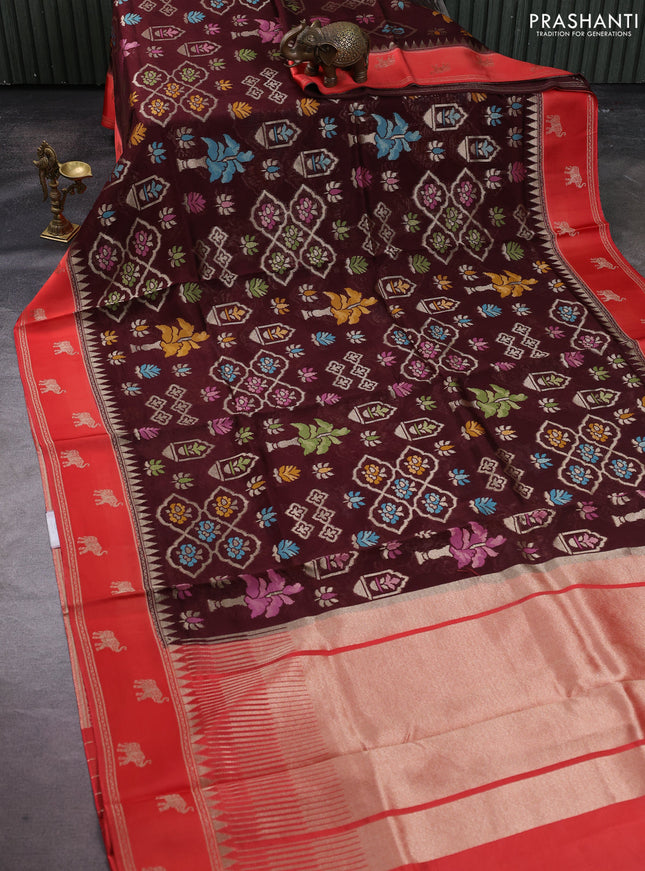Kosa jamdhani silk saree coffee brown and red with allover thread & zari weaves and zari woven border