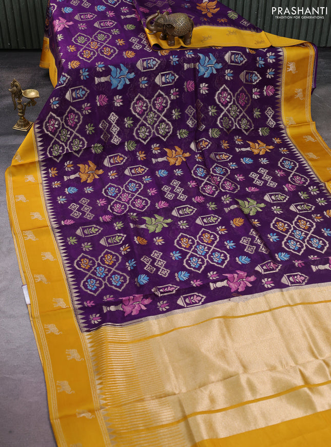 Kosa jamdhani silk saree violet and mustard yellow with allover thread & zari weaves and zari woven border