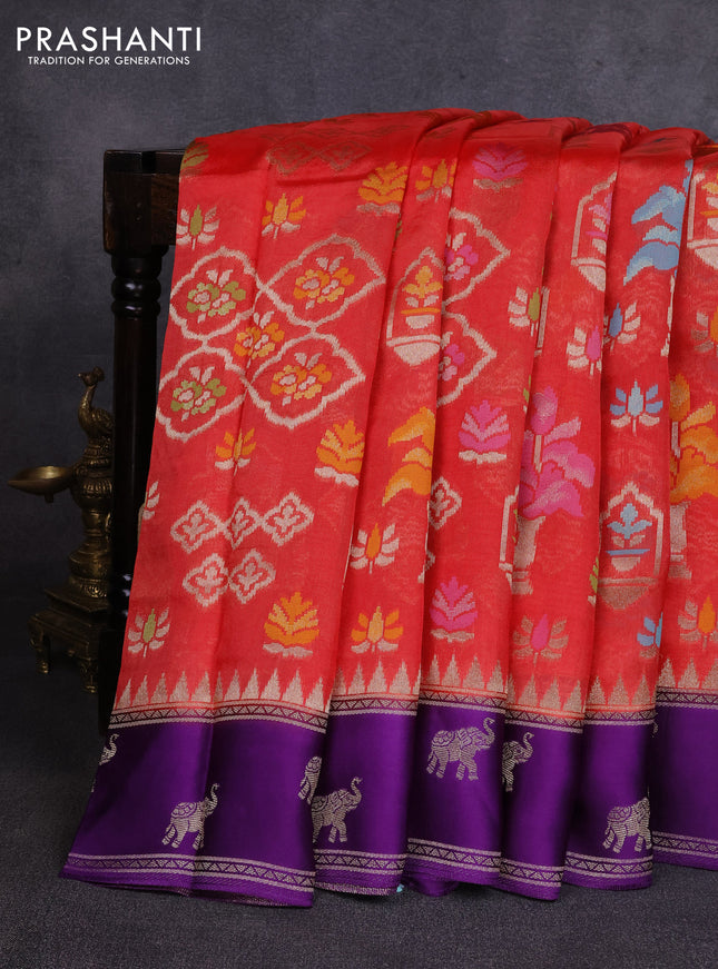 Kosa jamdhani silk saree peach red and violet with allover thread & zari weaves and zari woven border