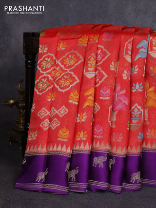 Kosa jamdhani silk saree peach red and violet with allover thread & zari weaves and zari woven border