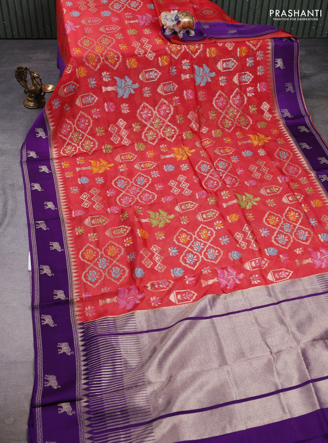 Kosa jamdhani silk saree peach red and violet with allover thread & zari weaves and zari woven border