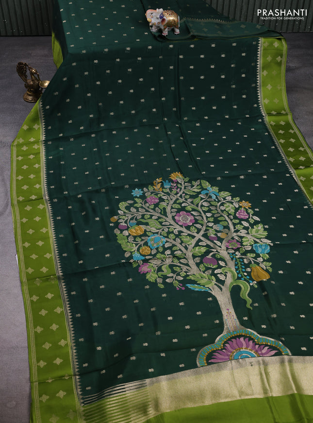 Kosa jamdhani silk saree bottle green and light green with allover thread & zari woven buttas and zari woven border