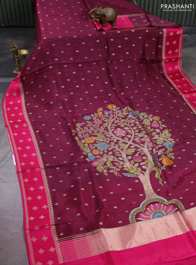 Kosa jamdhani silk saree wine shade and pink with allover thread & zari woven buttas and zari woven border