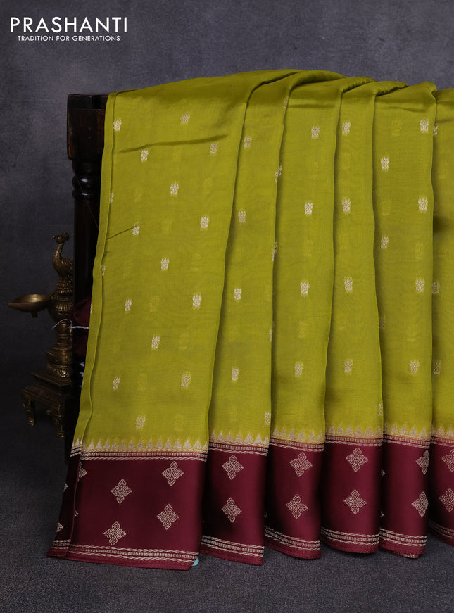 Kosa jamdhani silk saree lime green and coffee brown with allover thread & zari woven buttas and zari woven border