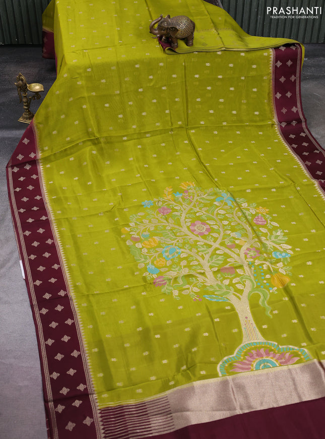 Kosa jamdhani silk saree lime green and coffee brown with allover thread & zari woven buttas and zari woven border
