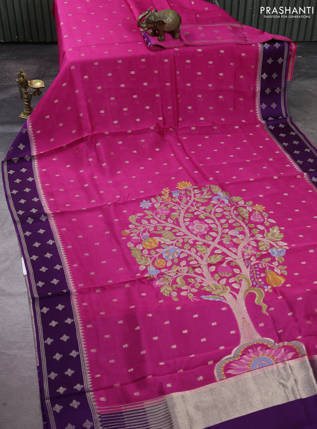 Kosa jamdhani silk saree pink and violet with allover thread & zari woven buttas and zari woven border
