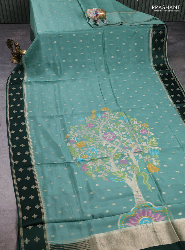 Kosa jamdhani silk saree pastel green and bottle green with allover thread & zari woven buttas and zari woven border