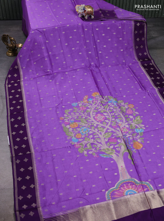 Kosa jamdhani silk saree lavender and violet with allover thread & zari woven buttas and zari woven border