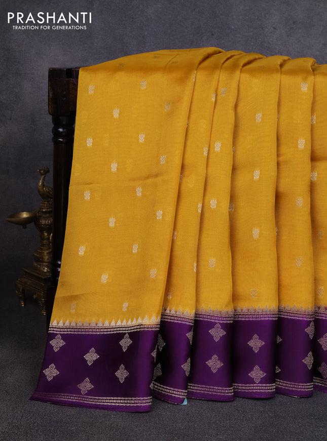 Kosa jamdhani silk saree mustard yellow and violet with allover thread & zari woven buttas and zari woven border