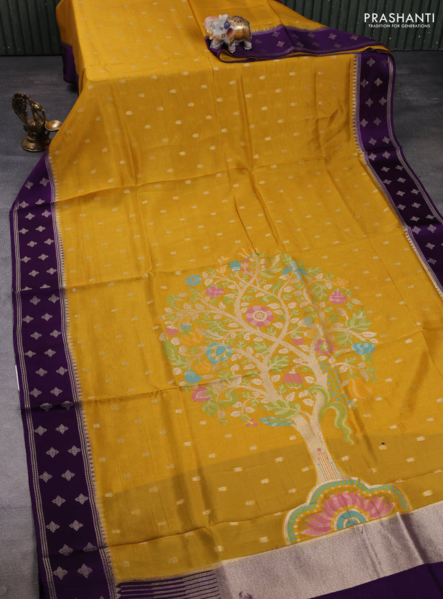 Kosa jamdhani silk saree mustard yellow and violet with allover thread & zari woven buttas and zari woven border
