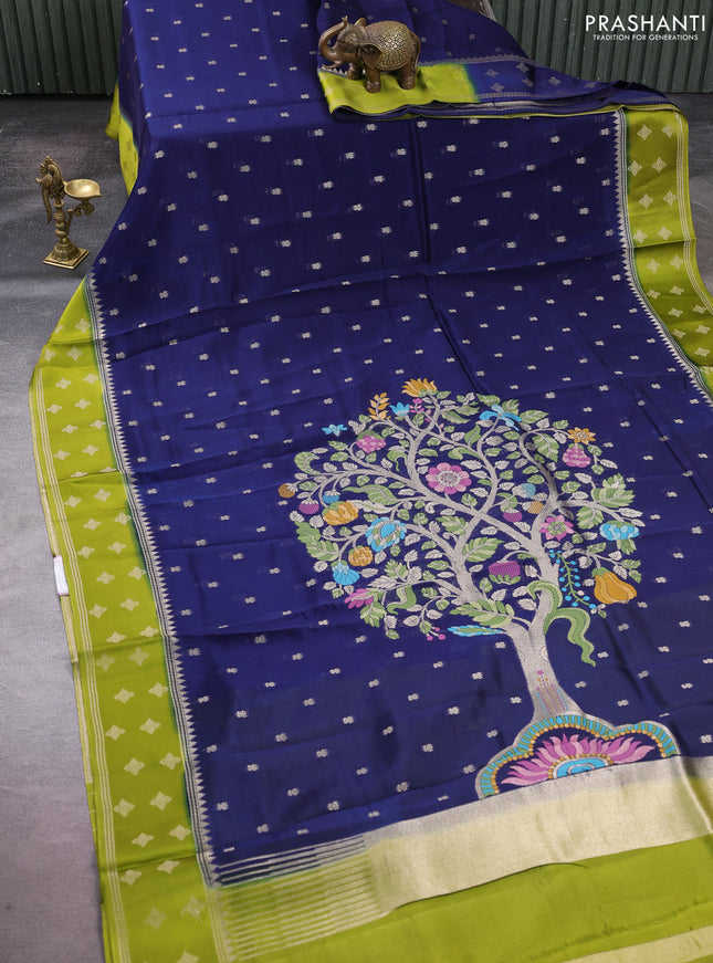Kosa jamdhani silk saree navy blue and light green with allover thread & zari woven buttas and zari woven border