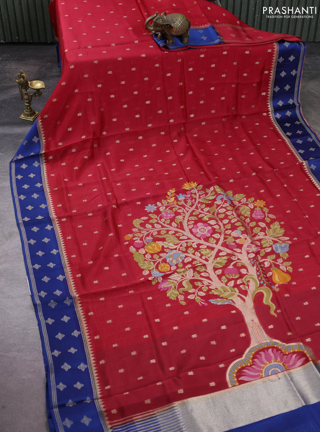 Kosa jamdhani silk saree red and blue with allover thread & zari woven buttas and zari woven border