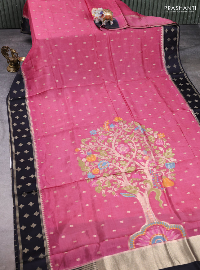 Kosa jamdhani silk saree mauve pink and black with allover thread & zari woven buttas and zari woven border