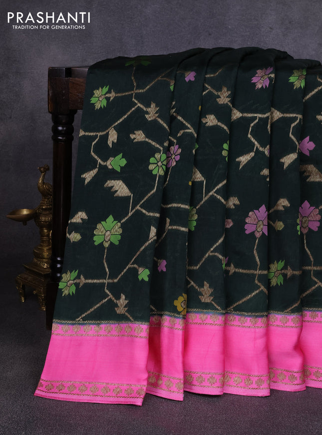 Kosa jamdhani silk saree bottle green and pink with allover thread & zari weaves and rettapet woven border