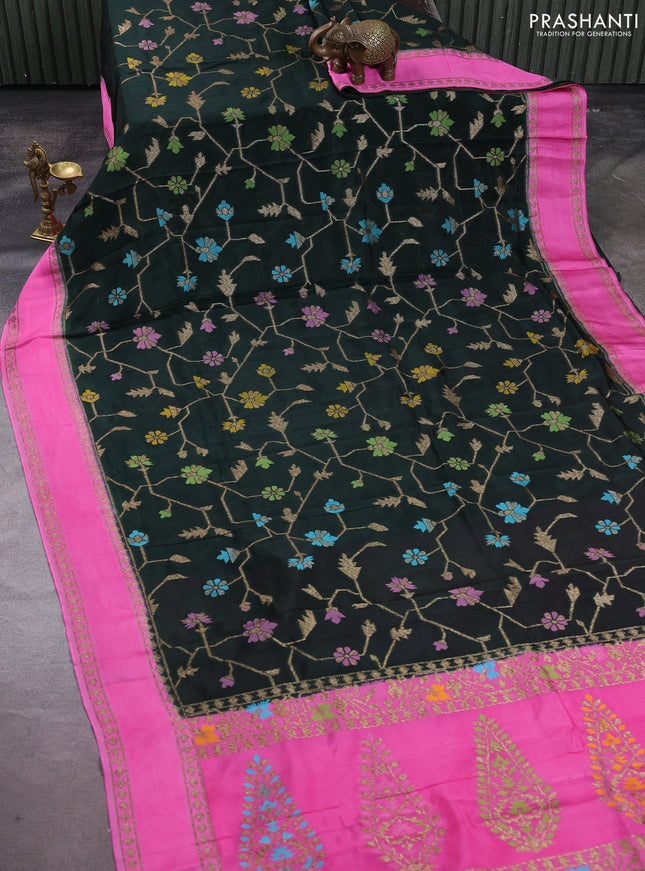 Kosa jamdhani silk saree bottle green and pink with allover thread & zari weaves and rettapet woven border