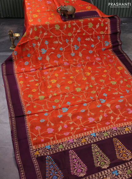 Kosa jamdhani silk saree orange and purple with allover thread & zari weaves and rettapet woven border