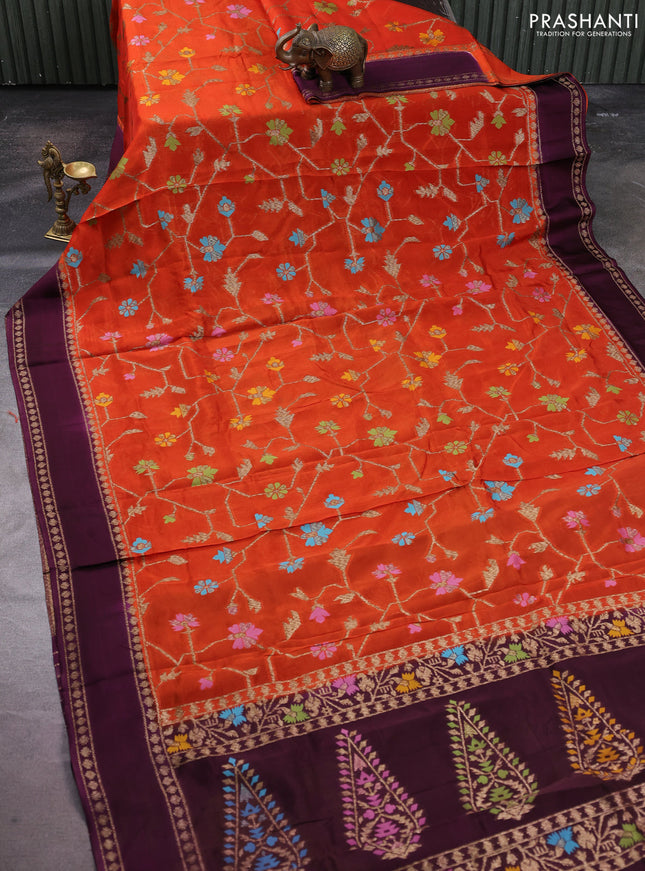 Kosa jamdhani silk saree orange and purple with allover thread & zari weaves and rettapet woven border