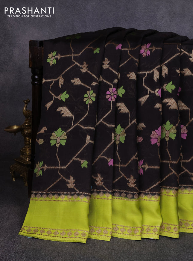 Kosa jamdhani silk saree black and fluorescent green with allover thread & zari weaves and rettapet woven border