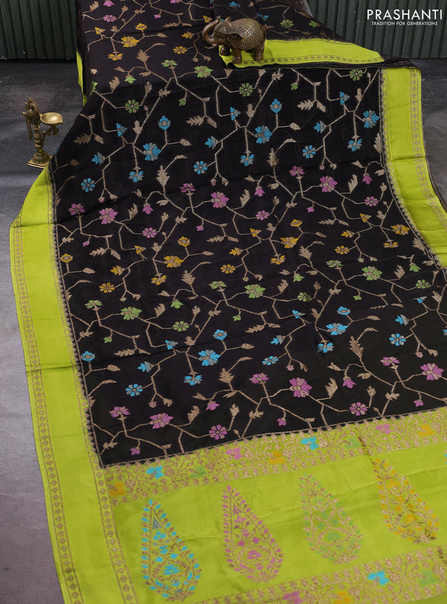 Kosa jamdhani silk saree black and fluorescent green with allover thread & zari weaves and rettapet woven border