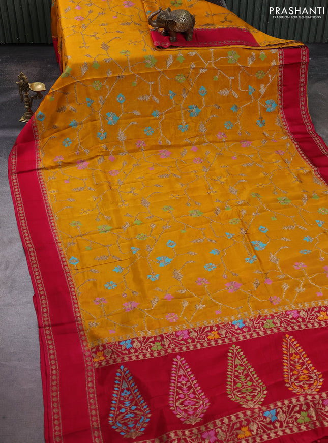 Kosa jamdhani silk saree mustard yellow and pink with allover thread & zari weaves and rettapet woven border
