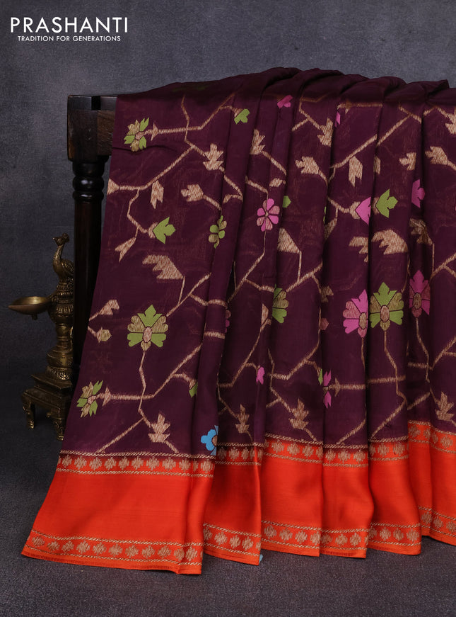 Kosa jamdhani silk saree deep purple and orange with allover thread & zari weaves and rettapet woven border