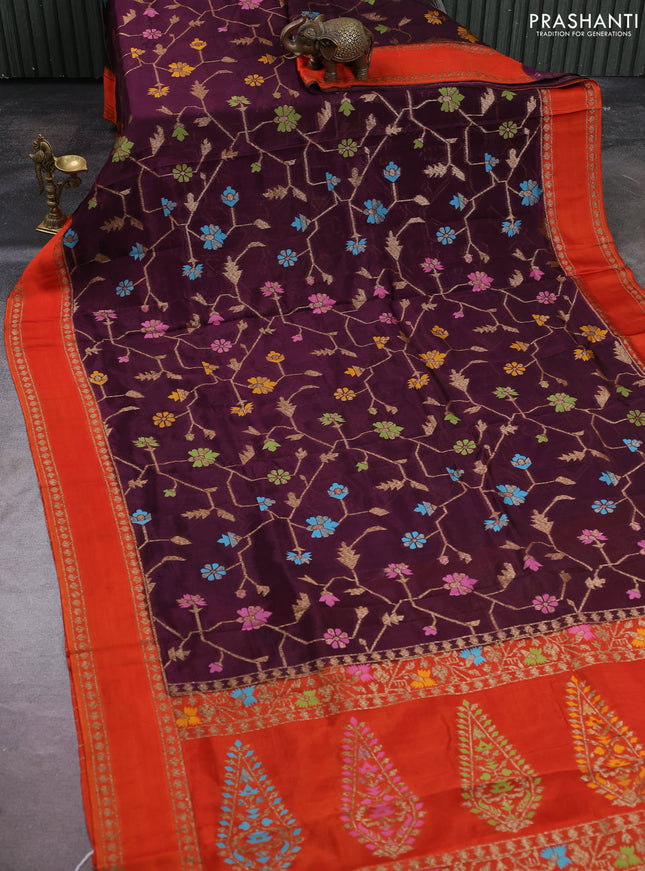 Kosa jamdhani silk saree deep purple and orange with allover thread & zari weaves and rettapet woven border