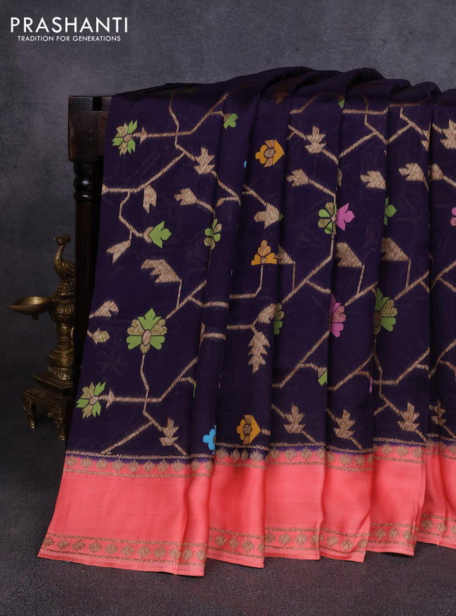 Kosa jamdhani silk saree navy blue and peach shade with allover thread & zari weaves and rettapet woven border