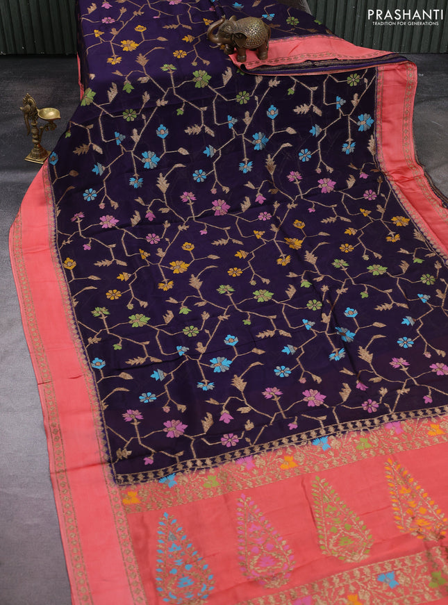 Kosa jamdhani silk saree navy blue and peach shade with allover thread & zari weaves and rettapet woven border