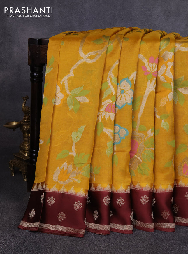Kosa jamdhani silk saree mustard yellow and coffee brown with allover thread & zari weaves and rettapet woven border