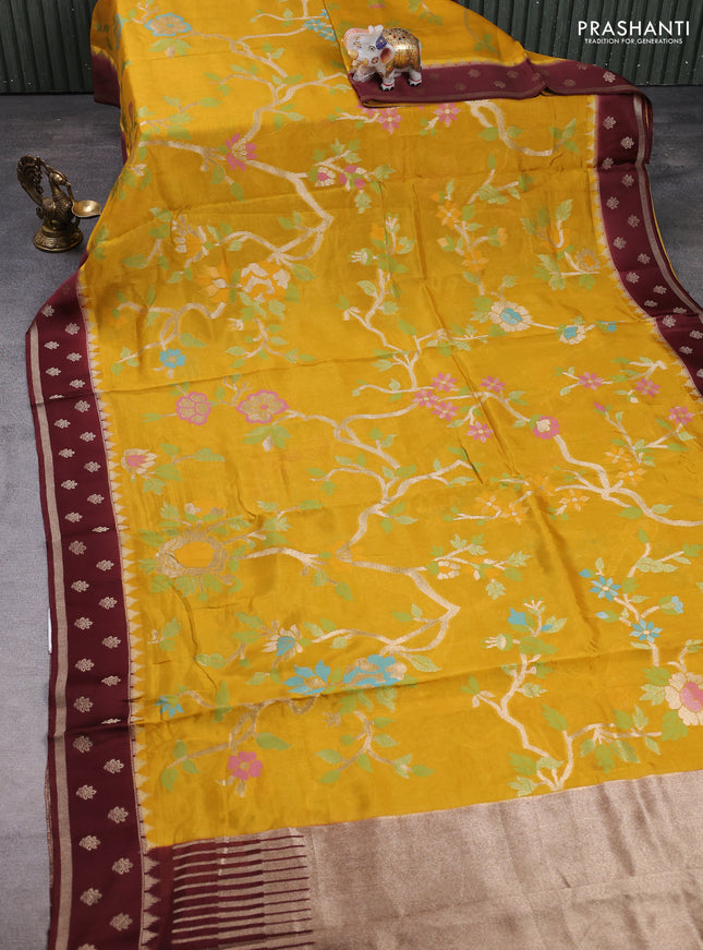 Kosa jamdhani silk saree mustard yellow and coffee brown with allover thread & zari weaves and rettapet woven border