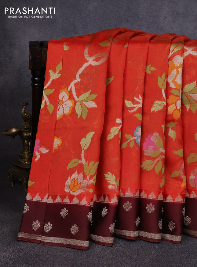 Kosa jamdhani silk saree orange and coffee brown with allover thread & zari weaves and rettapet woven border