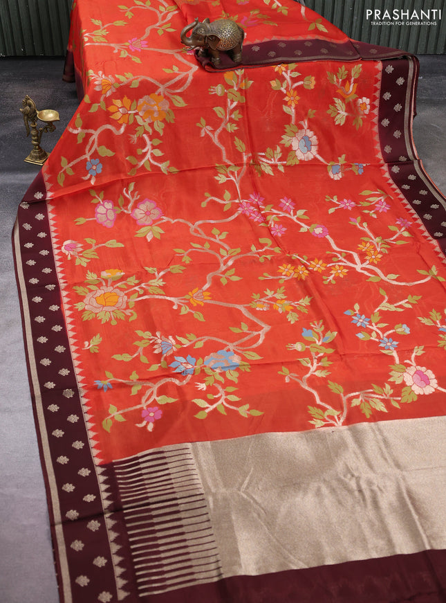 Kosa jamdhani silk saree orange and coffee brown with allover thread & zari weaves and rettapet woven border