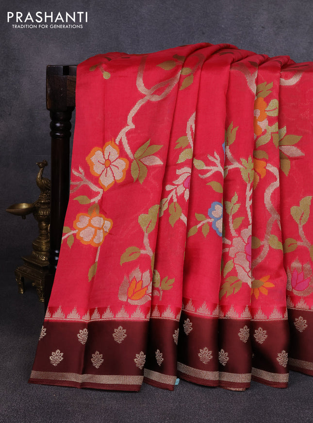 Kosa jamdhani silk saree pink and coffee brown with allover thread & zari weaves and rettapet woven border