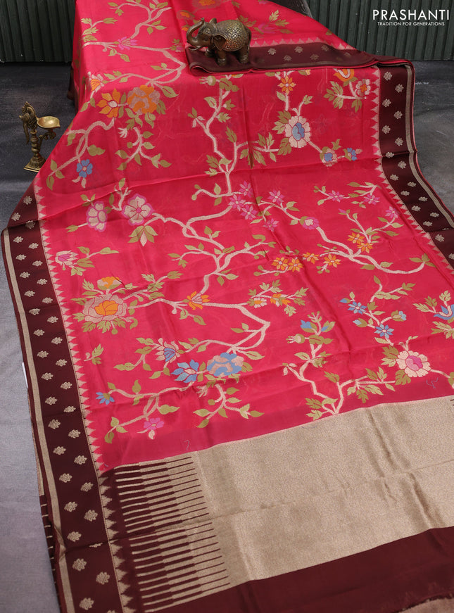 Kosa jamdhani silk saree pink and coffee brown with allover thread & zari weaves and rettapet woven border
