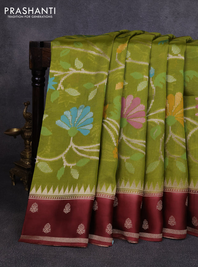 Kosa jamdhani silk saree light green and coffee brown with allover thread & zari weaves and rettapet woven border
