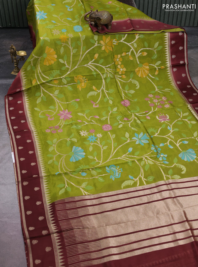 Kosa jamdhani silk saree light green and coffee brown with allover thread & zari weaves and rettapet woven border