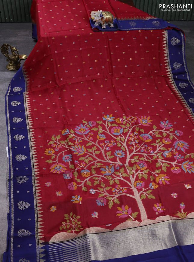 Kosa jamdhani silk saree red and blue with allover thread & zari weaves and rettapet woven border