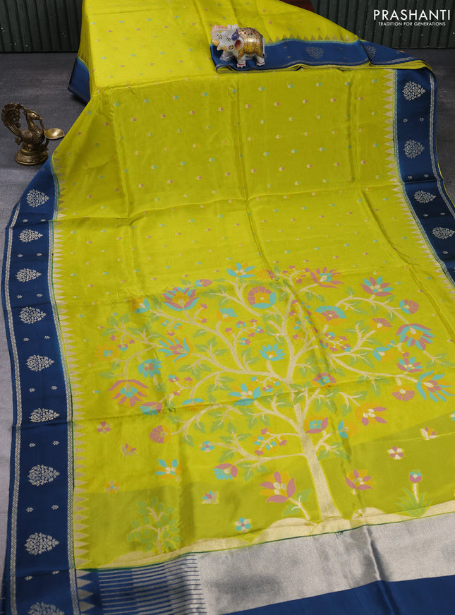 Kosa jamdhani silk saree mustard green and peacock green with allover thread & zari weaves and rettapet woven border