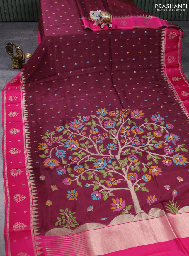 Kosa jamdhani silk saree deep maroon and rani pink with allover thread & zari weaves and rettapet woven border