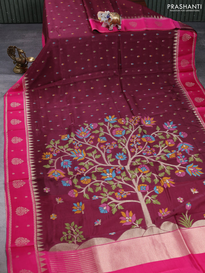 Kosa jamdhani silk saree deep maroon and rani pink with allover thread & zari weaves and rettapet woven border